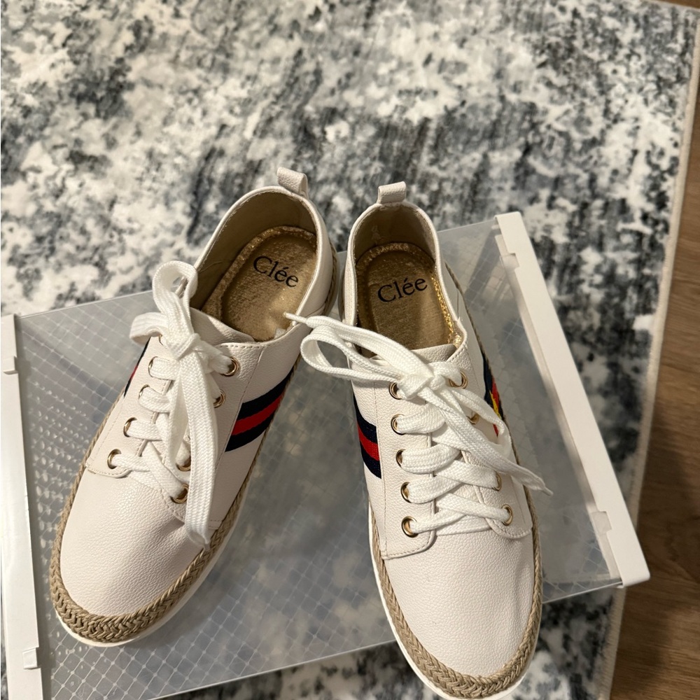 Women's White Sneakers with Red and Blue Stripes